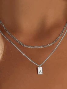 Dây chuyền chữ cái tiếng Anh nhiều lớp 2 chiếc/1 chiếc, Dây chuyền mặt chữ cái đầu mạ vàng 18K, Quà tặng trang sức may mắn cho cả nam và nữ, Chống thấm nước và chống phai màu, Thích hợp cho Giáng sinh, Ngày lễ tình nhân - vòng cổ thư - Xem 2