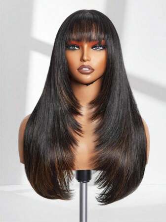 Glueless Black Wig With Bangs Long Straight Layered Wig Put On Go Curtain Bangs Highlight Brown Long Straight Layered Wig With Bangs Mixed Brown Wear