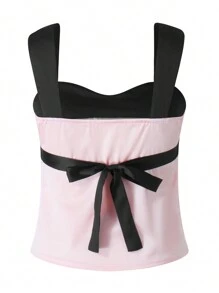 Ladies Summer Splicing Camisole, Women Leisure Style Contrast Color Low Cut Back Tie Up Sleeveless Backless Slim Tops - Rosa - Ver 10