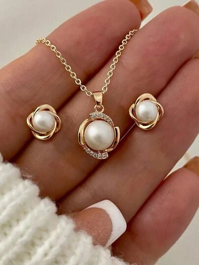 DAZY 3pcs Bow & Faux Pearl Earrings, Pendant Necklace Jewelry Set For Women, Suitable For Sisters, Vacation, Date, Birthday Gift, Casual, Party