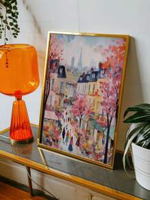 1 pieza Impresión artística de tinta con paisaje urbano abstracto de París, estilo art decó sin marco, tema de París en primavera, orientación vertical, decoración de pared moderna con calle y flores de París