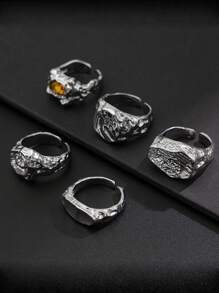 5pcs/Set Men's Rhinestone Embellished Wrinkle Textured Metal Fashion Rings