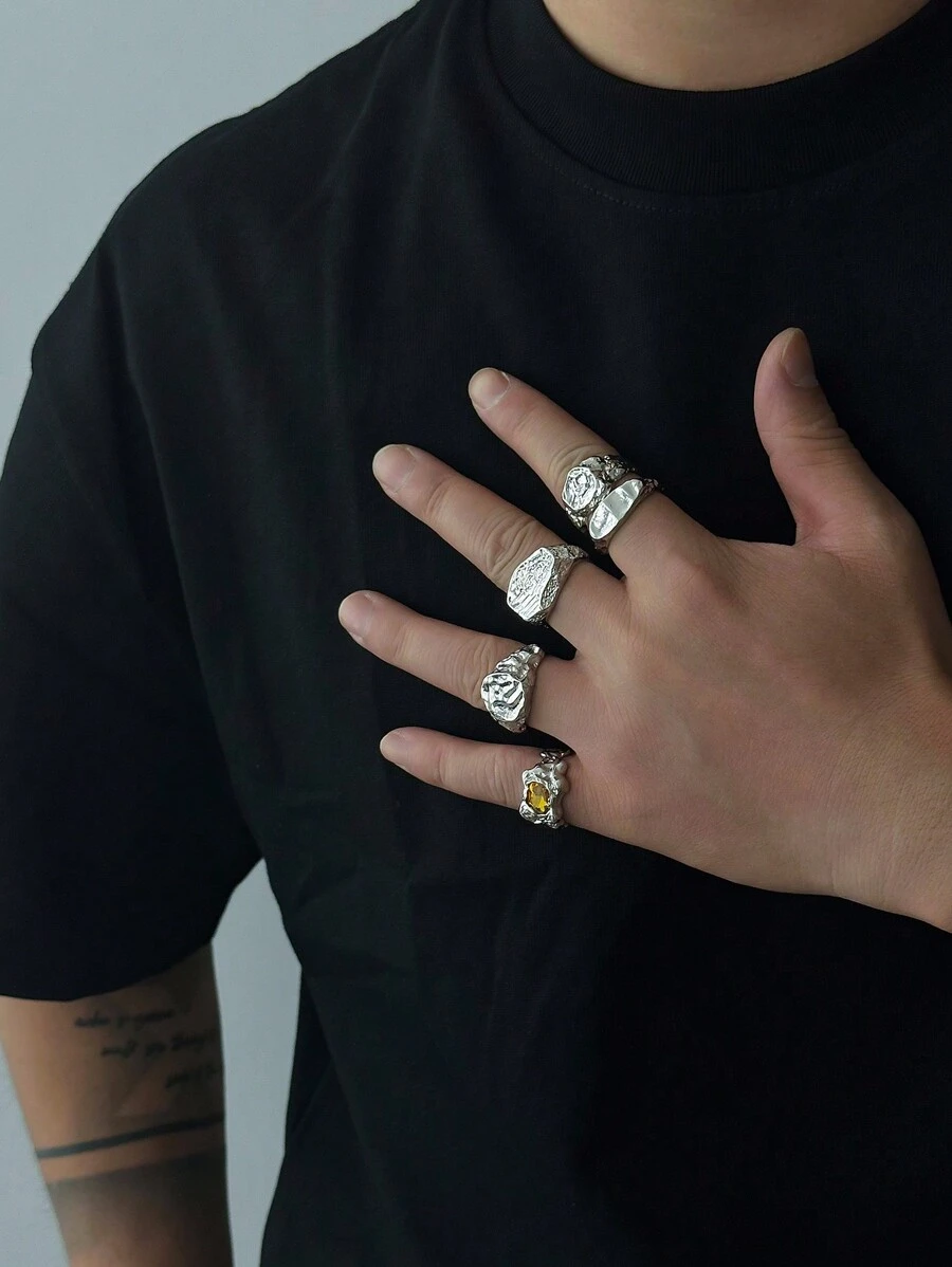 5pcs/Set Men's Rhinestone Embellished Wrinkle Textured Metal Fashion Rings