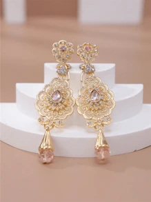 1 Pair Gold Tone Flower Shaped Earrings With Plastic Rhinestones, Elegant Vintage Boho Moroccan Style For Weddings, Parties, Holidays
