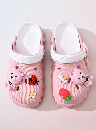1双可爱粉色小熊卡通装饰女士透气轻便防滑软底沙滩/淋浴凉鞋，适合女孩和妈妈们
