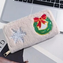 1 件时尚圣诞长款钱包，拉链开合，柔软毛绒质地 - 宽敞的信用卡槽，适合女性优雅的日常使用礼物 - 藕粉色 - 查看 8