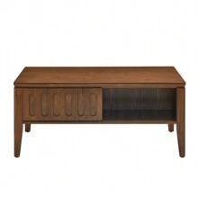 Mesa de centro con pliegues estilo moderno de mediados de siglo con puerta corrediza y patas de madera maciza, mesa de centro de estilo granja vintage para sala de estar, apartamento, oficina, mesa de acento, soporte para TV - Nuez - Ver 8