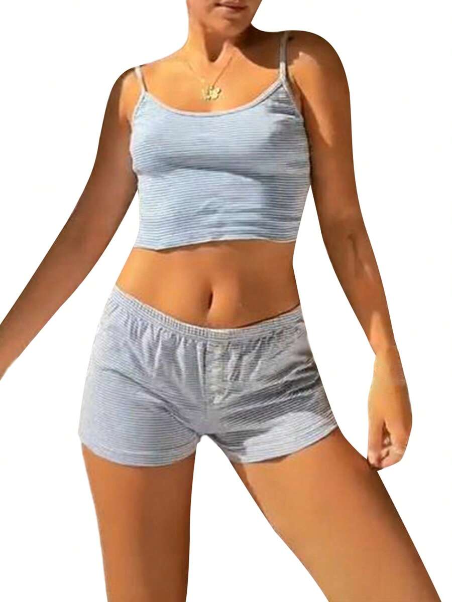 Women Sleepwear Suit, Sleeveless Off Shoulder Lingerie Sling Vest Tops + Short Pants Suit