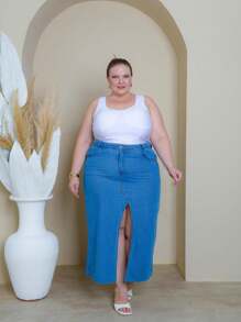 Women's Plus Size High Waist Slit Midi Skirt - 淺色水洗藍 - 查看 4