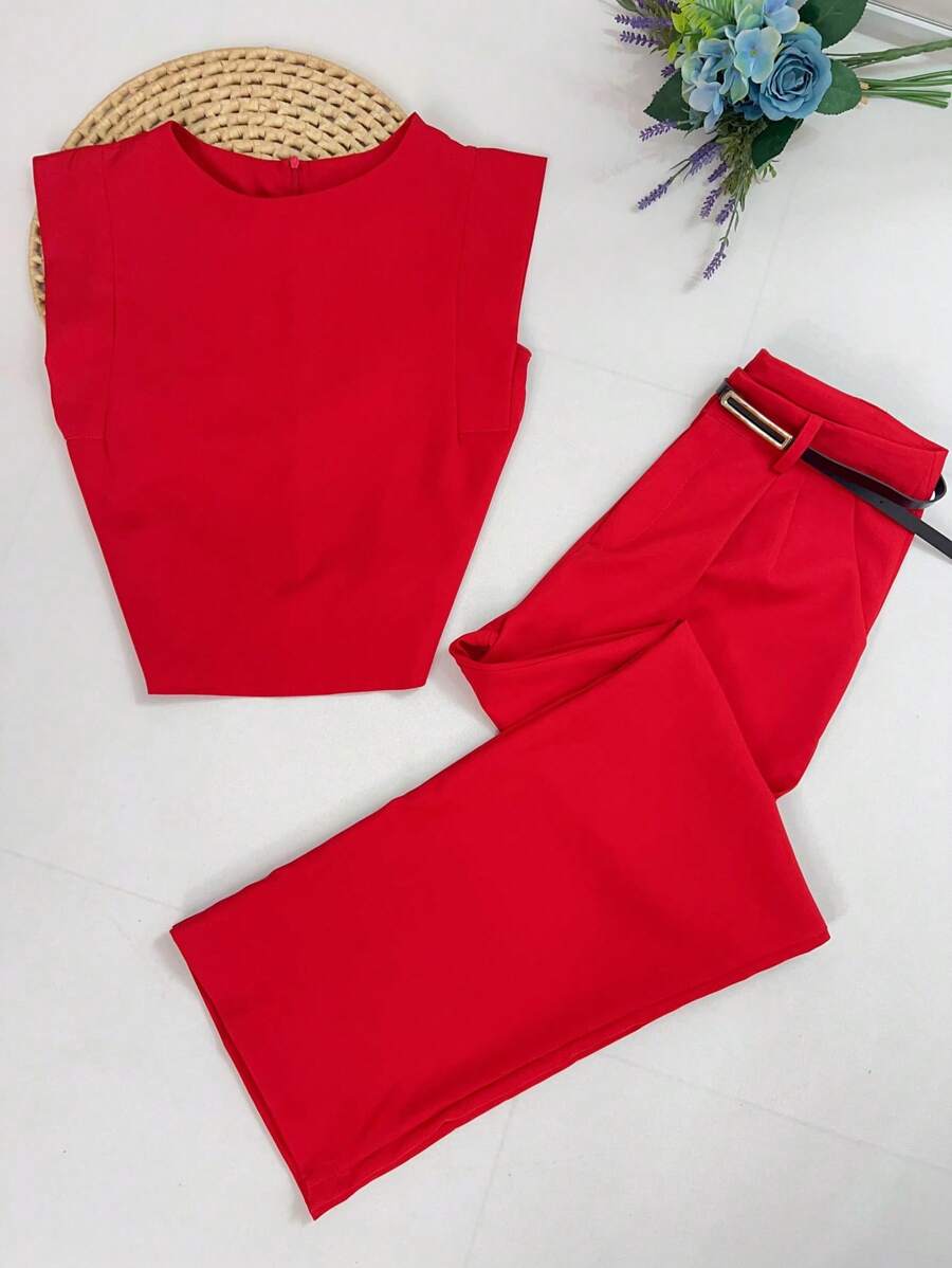 Women's Set: Summer Sleeveless Solid Color Round Neck Top And Wide Leg Pants With Belt And Bag - Red - View 1