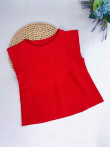 Women's Set: Summer Sleeveless Solid Color Round Neck Top And Wide Leg Pants With Belt And Bag - Red - View 2