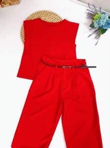 Women's Set: Summer Sleeveless Solid Color Round Neck Top And Wide Leg Pants With Belt And Bag - Red - View 4