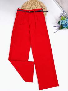 Women's Set: Summer Sleeveless Solid Color Round Neck Top And Wide Leg Pants With Belt And Bag - Red - View 7
