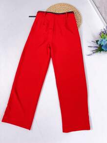 Women's Set: Summer Sleeveless Solid Color Round Neck Top And Wide Leg Pants With Belt And Bag - Red - View 9