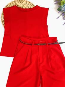 Women's Set: Summer Sleeveless Solid Color Round Neck Top And Wide Leg Pants With Belt And Bag - Red - View 5