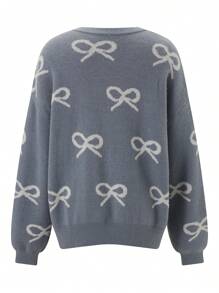 Women Cute Comfy Sweaters Casual Bow Print Warm Long Sleeve Pullover Basic Knitwear For Fall Streetwear