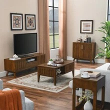 Mesa de centro con pliegues estilo moderno de mediados de siglo con puerta corrediza y patas de madera maciza, mesa de centro de estilo granja vintage para sala de estar, apartamento, oficina, mesa de acento, soporte para TV - Nuez - Ver 2
