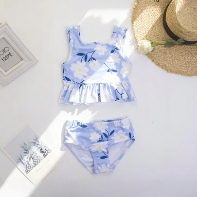 1 pezzo Bikini con stampa a margherite e volant per ragazze giovani, adatto per vacanze, spiaggia e piscina