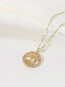 生命之树大圆吊坠项链，铜质吊坠，不锈钢链，镶嵌立方氧化锆，寓意吉祥，是理想的奢华派对/婚礼项链，也是友谊礼物和女士珠宝。 - 金黃色 - 查看 7