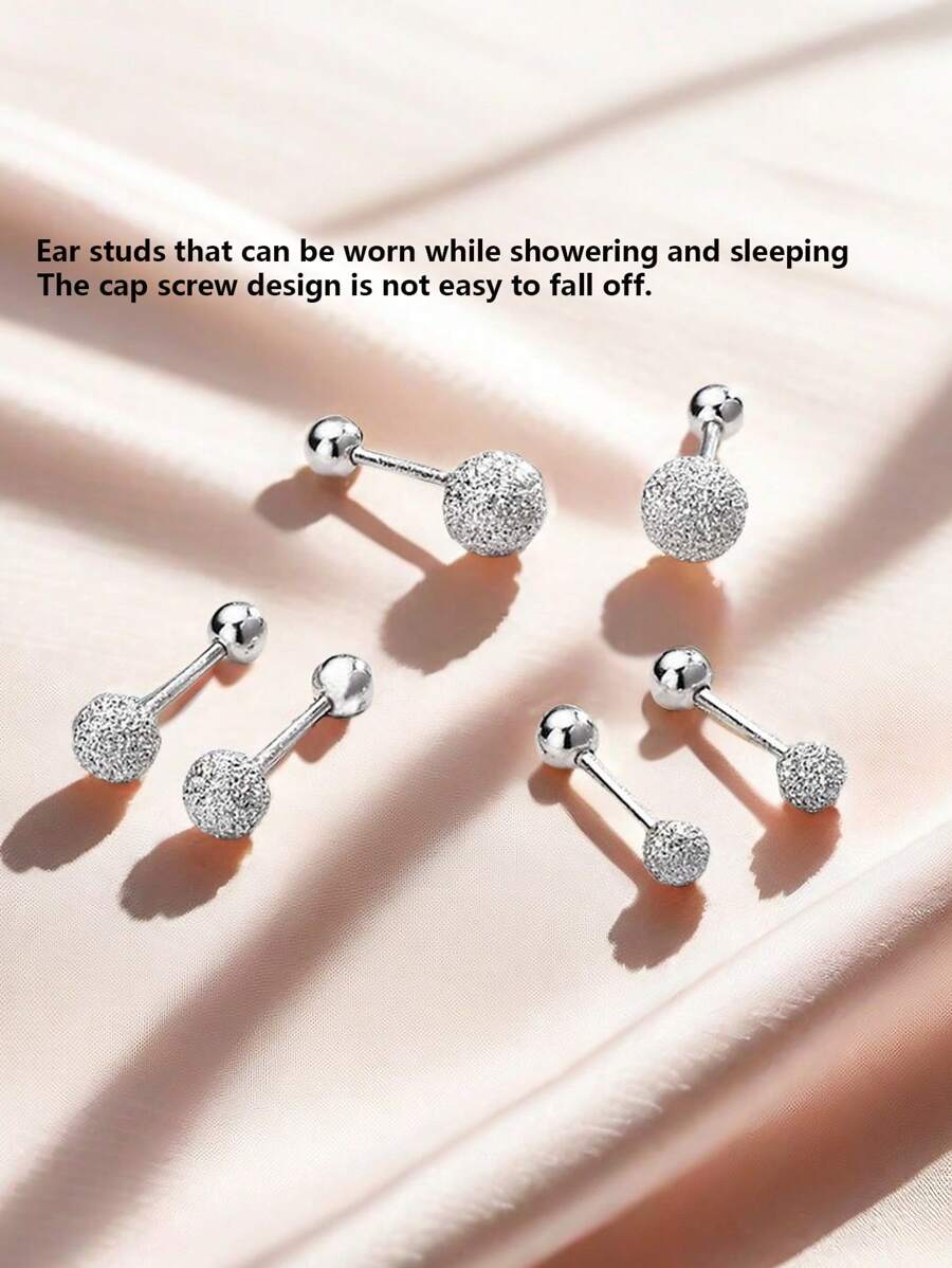 1 Pair 925 Sterling Silver Stud Earrings With Double Ball Screw Back, Suitable For Pierced Ears, Can Be Worn For Showering And Sleeping