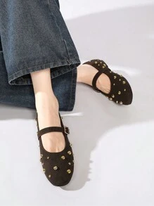 SHEIN BAE Giày bệt nữ Giày Mary Jane thời trang đa năng đế thấp có một khóa, giày bệt Ballerina màu nâu - Cà phê nâu - Xem 6