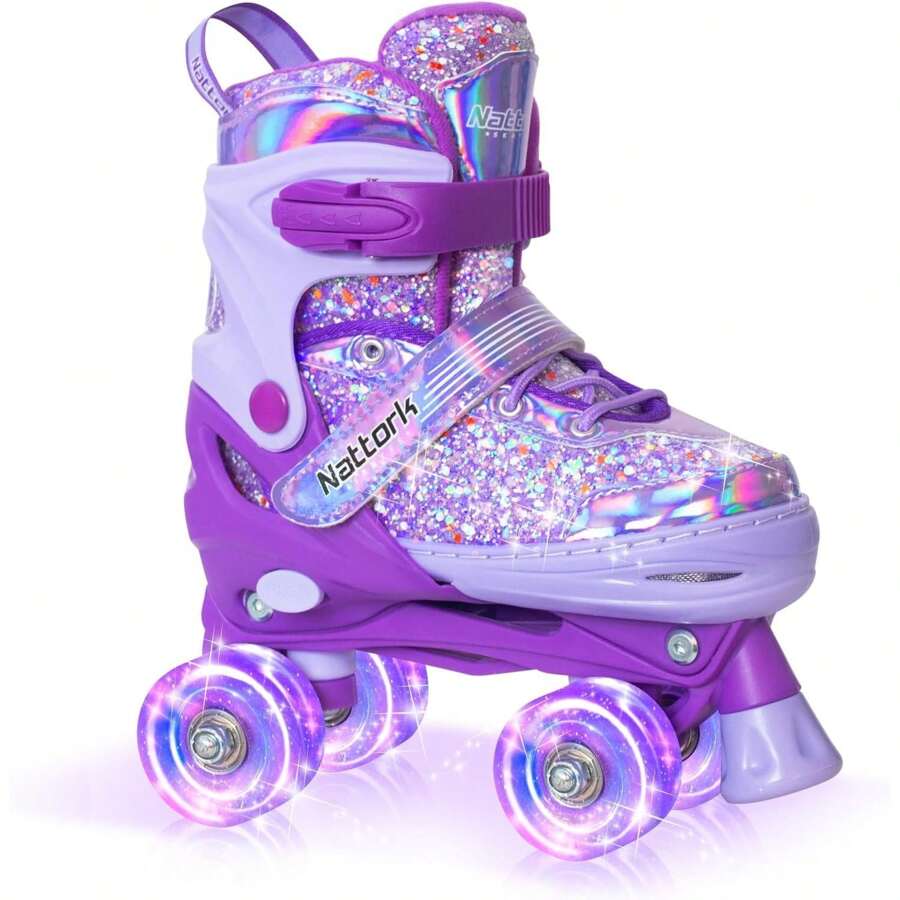 Kids Roller Skates For Girls Boys Kids, 4 Sizes Adjustable Fluorescent Quad Skates With Light Up Wheels - Cool Birthday Gift For Indoor Outdoor Sports