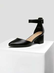 Women Low Chunky Heels Classic Pumps Pointed Toe Ankle Strap Elegant Versatile Simple Weddings Work Shoes - PU ĐEN - Xem 5