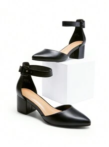 Women Low Chunky Heels Classic Pumps Pointed Toe Ankle Strap Elegant Versatile Simple Weddings Work Shoes - PU ĐEN - Xem 2