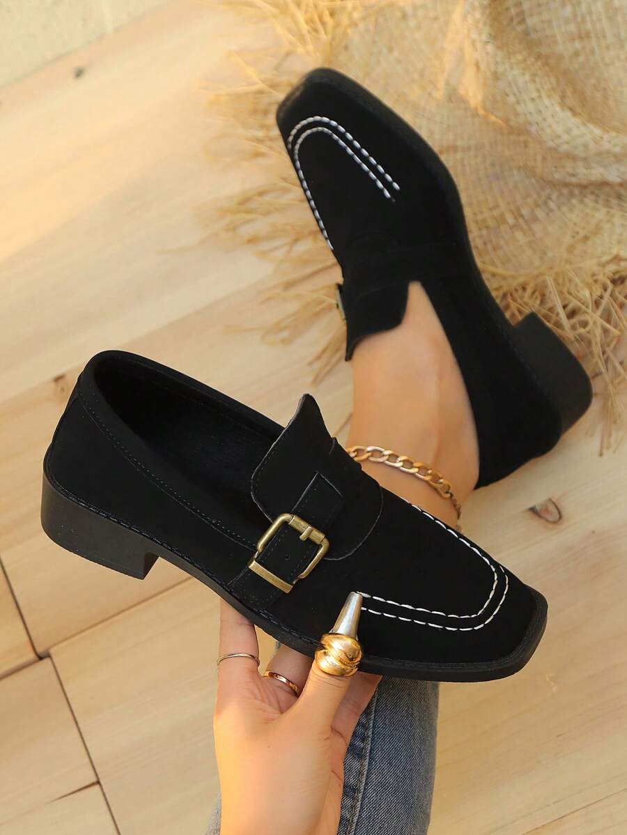 Pantofi de damă versatili cu vârf pătrat, casual, cu toc mic, stil britanic retro elegant, pantofi confortabili cu toc mijlociu, primăvară/vară/toamnă/iarnă - Negru - Vizualizare 1