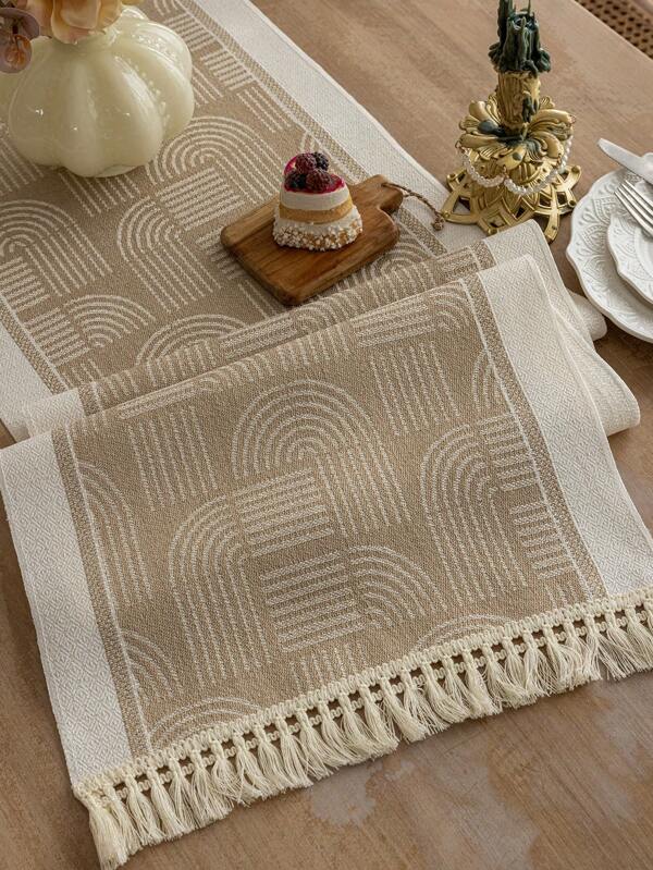 1pc Table Runner, Waterproof Material With Tassel Trim, Suitable For Home Table Decor, Wedding, Restaurant, Living Room