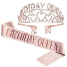 2pcs/Set Birthday Crown, Birthday Queen Belt And Rhinestone Headgear Set, Women's Headgear And Crown, Golden Queen Crown, Elegant Princess Crown With Comb, Sweet Birthday Party Decoration