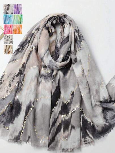 1pc Lightweight Wave & Heart Shape Foil Print Short Tassel Scarf Winter Fall Valentine's Day Valentines