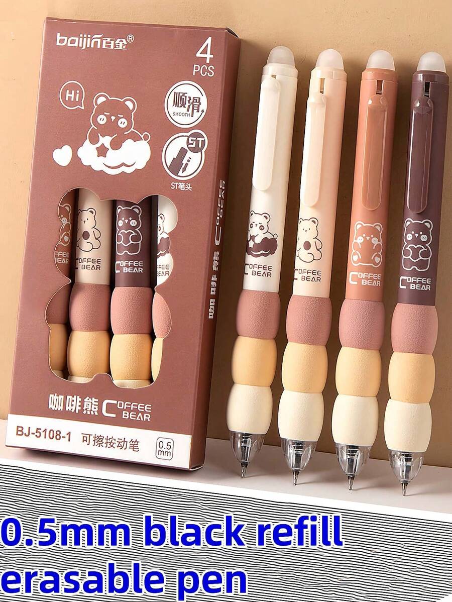 1/4/8 支可擦加压圆珠笔,(每盒 4 支)颜色随机,海绵握把柔软,书写流畅,考试用,创意可爱文具笔,适合书写、签名、办公室/学生礼物 - 隨機顏色 - 查看 1