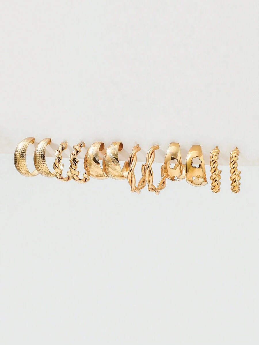 6 对几何简约时尚环形耳环套装，时尚设计，不粘 - 金黃色 - 查看 1