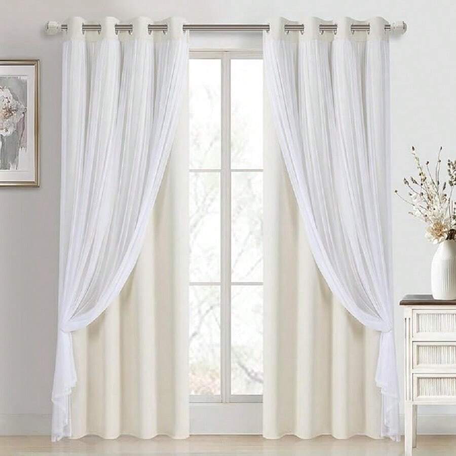DWCN 2pcs Layered Curtains For Living Room Blackout And Sheer Curtains Grommet Top Window Curtains With Sheer Overlay For Bedroom - 象牙 - 查看 1