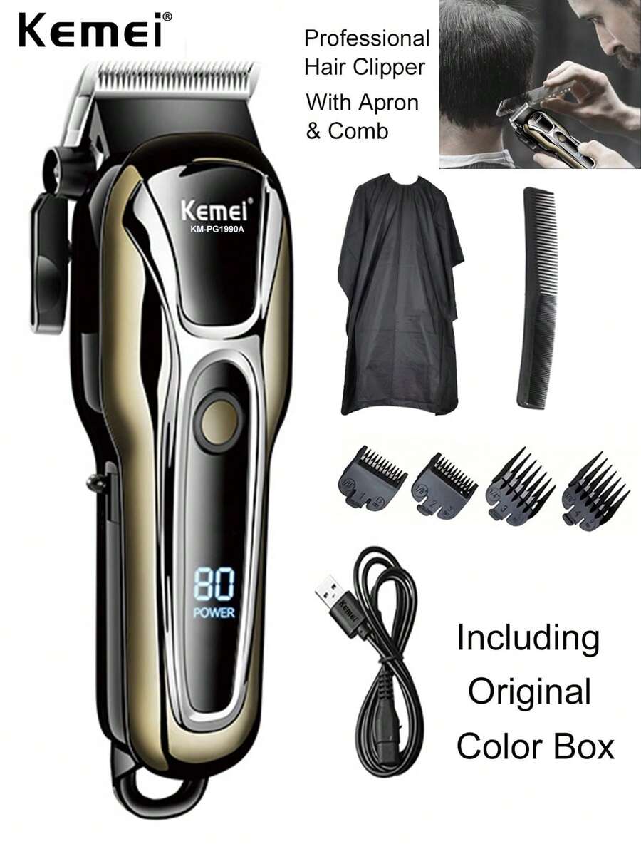Kemei Professional Hair Clipper For Men Electric Hair Cutting Machine Barber Shop Or Home Use Clipper Usb Rechargeable Haircut LCD With Apron KM-1990PG - 銀色 - 查看 1