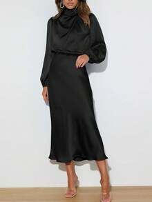 Satin High Collar Long Sleeve Ruched Elegant Formal Dress, Suitable For Cocktail Party, Bridesmaid, Wedding Guest Dress - màu đen - Xem 3