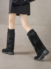 圆头粗跟厚底雪地靴，保暖内衬黑色中筒靴 - 黑色 - 查看 4