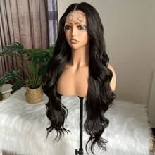 Dark Brown Body Wave Lace Front Wig For Women Pre-Plucked Hairline Heat Resistant Synthetic Fiber Transparent 13x4 Lace - màu đen - Xem 4