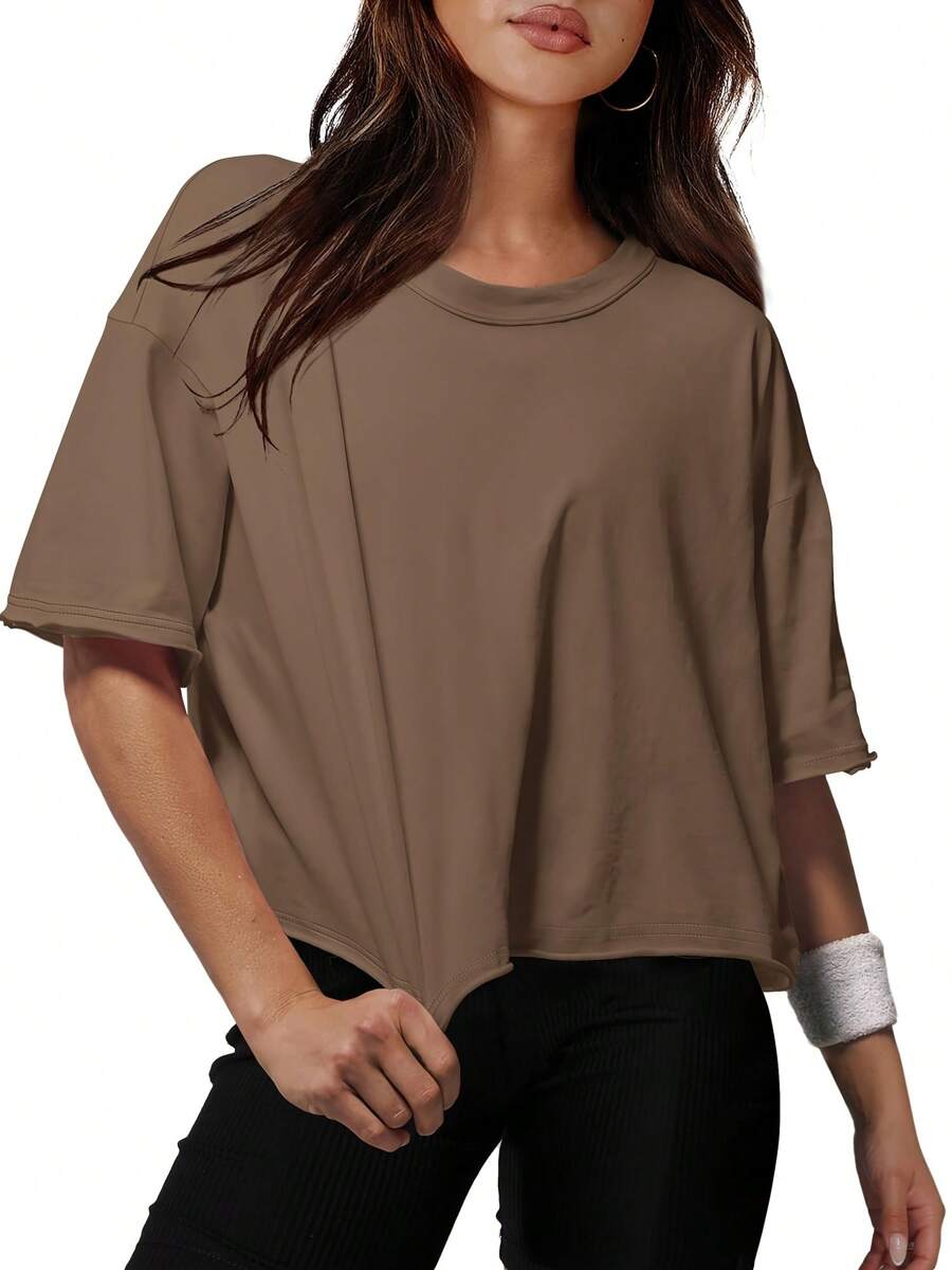 Camisetas cortas informales holgadas de manga corta para mujer, básicas, cómodas, para hacer ejercicio en el gimnasio - café - Ver 1