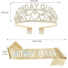 2pcs/Set Birthday Crown, Birthday Queen Belt And Rhinestone Headgear Set, Women's Headgear And Crown, Golden Queen Crown, Elegant Princess Crown With Comb, Sweet Birthday Party Decoration