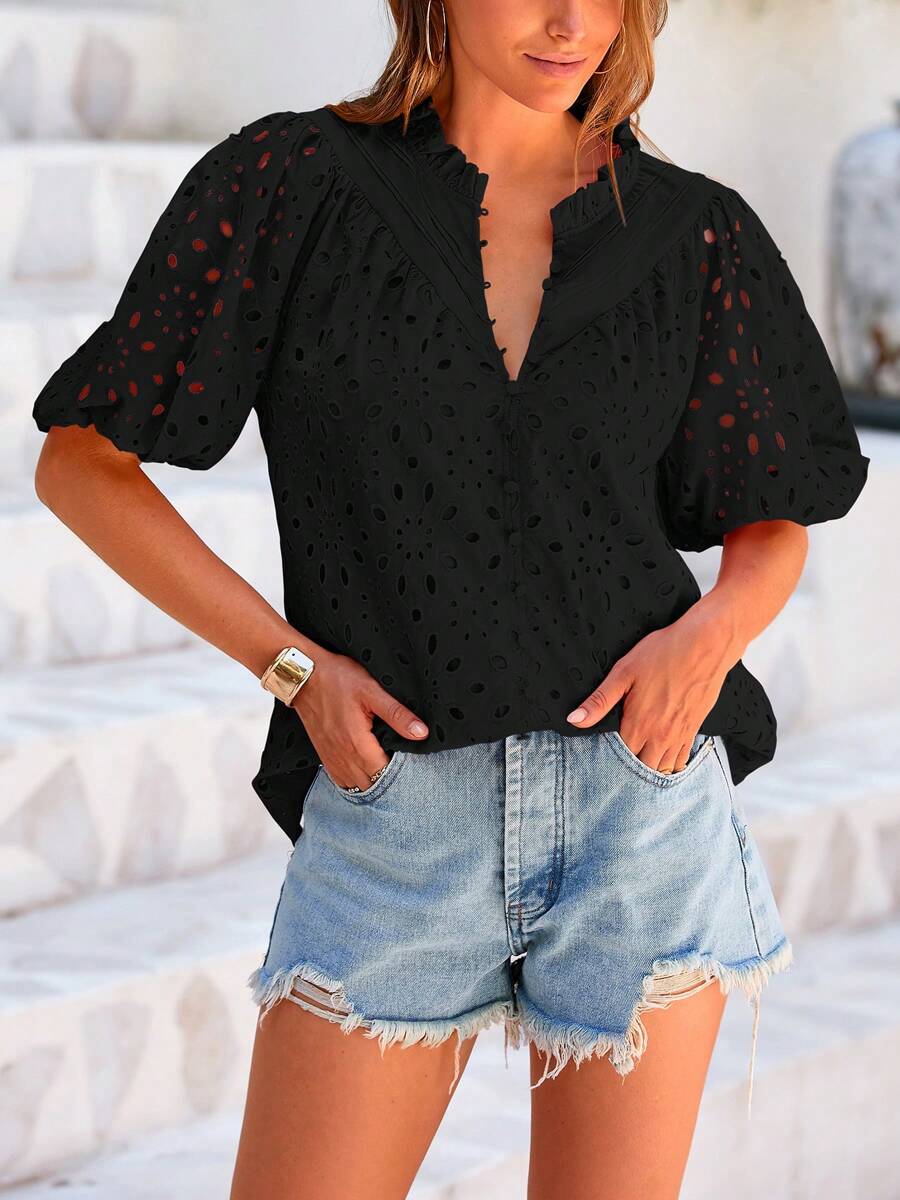 Women's Casual Summer V Neck Puff Short Sleeve Hollow Out Eyelet Embroidery Button Spring Fashion Beach Vacation Holiday Dressy Boho Shirt Blouse Top Outfits - 黑色 - 查看 1