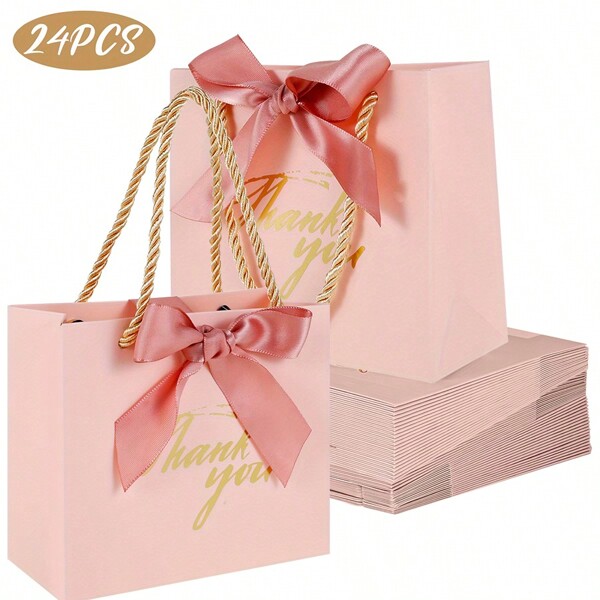 24 pezzi Sacchetti regalo in carta riutilizzabili con manici, con stampa dorata "Grazie", per confezioni regalo, bomboniere, feste di compleanno, matrimoni e altro