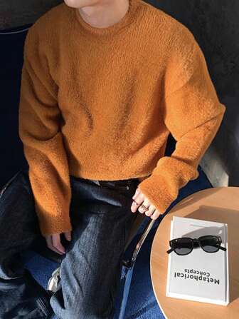 白色 Yueh 男士貂绒羊绒衫，宽松针织，休闲纯色上衣，柔软舒适，圆领套头衫，适合圣诞节、新年穿着，长袖