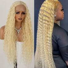613 Curly Blonde Synthetic Lace Front Wig Long Curly Deep Wave Jerry Curly Light Blonde Frontal Wig Glueless Pre Plucked Colored Natural Hair Line Wigs For Women - 613 金髮女郎 - 查看 4