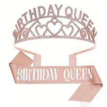 2pcs/Set Birthday Crown, Birthday Queen Belt And Rhinestone Headgear Set, Women's Headgear And Crown, Golden Queen Crown, Elegant Princess Crown With Comb, Sweet Birthday Party Decoration