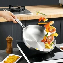 1pc 304 Stainless Steel Non-Stick Frying Pan, Uncoated Cookware For Steak, Suitable For Gas And Induction Cooktop - Silver - View 5