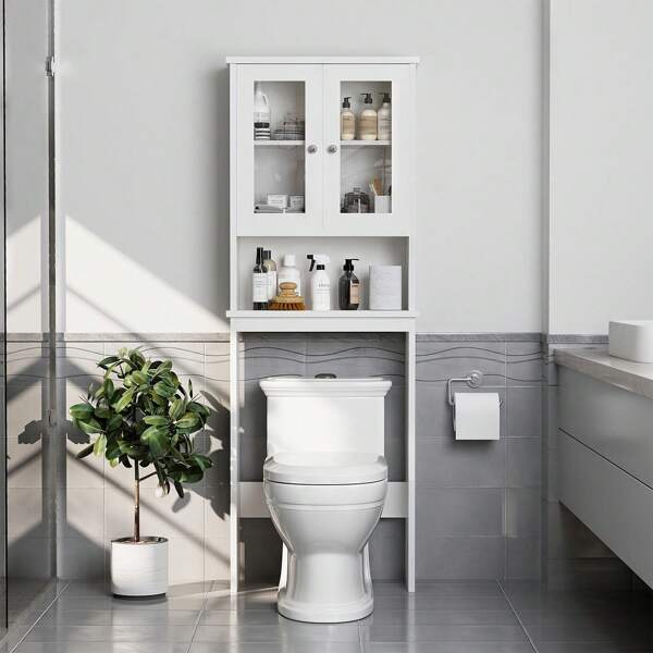 JAMFLY JAMFLY Over The Toilet Storage Cabinet With Adjustable Shelf And Double Doors, Bathroom Space Saver Organizer Above Toilet With Open Shelf, Taller Wooden Free Standing Toilet Rack
