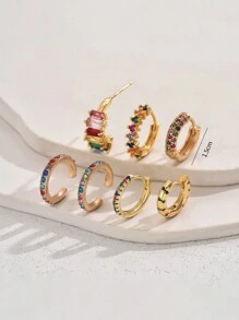 6 件女士细粗环形耳环套装，精致 14K 镀金袖口防过敏轻质镶嵌彩色钻石耳钉奢华珠宝礼物 - 彩色的 - 查看 2