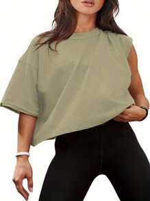 Women's Short Sleeve Comfy Basic Workout Gym Crop Tops Casual Loose Oversized T-Shirts - Khaki green - View 2